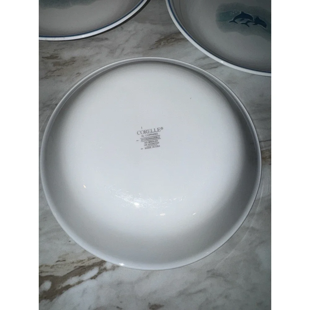 CORELLE CORNING WARE OCEAN DANCING BLUE DOLPHINS PLATES SOUP BOWLS 13 PCS